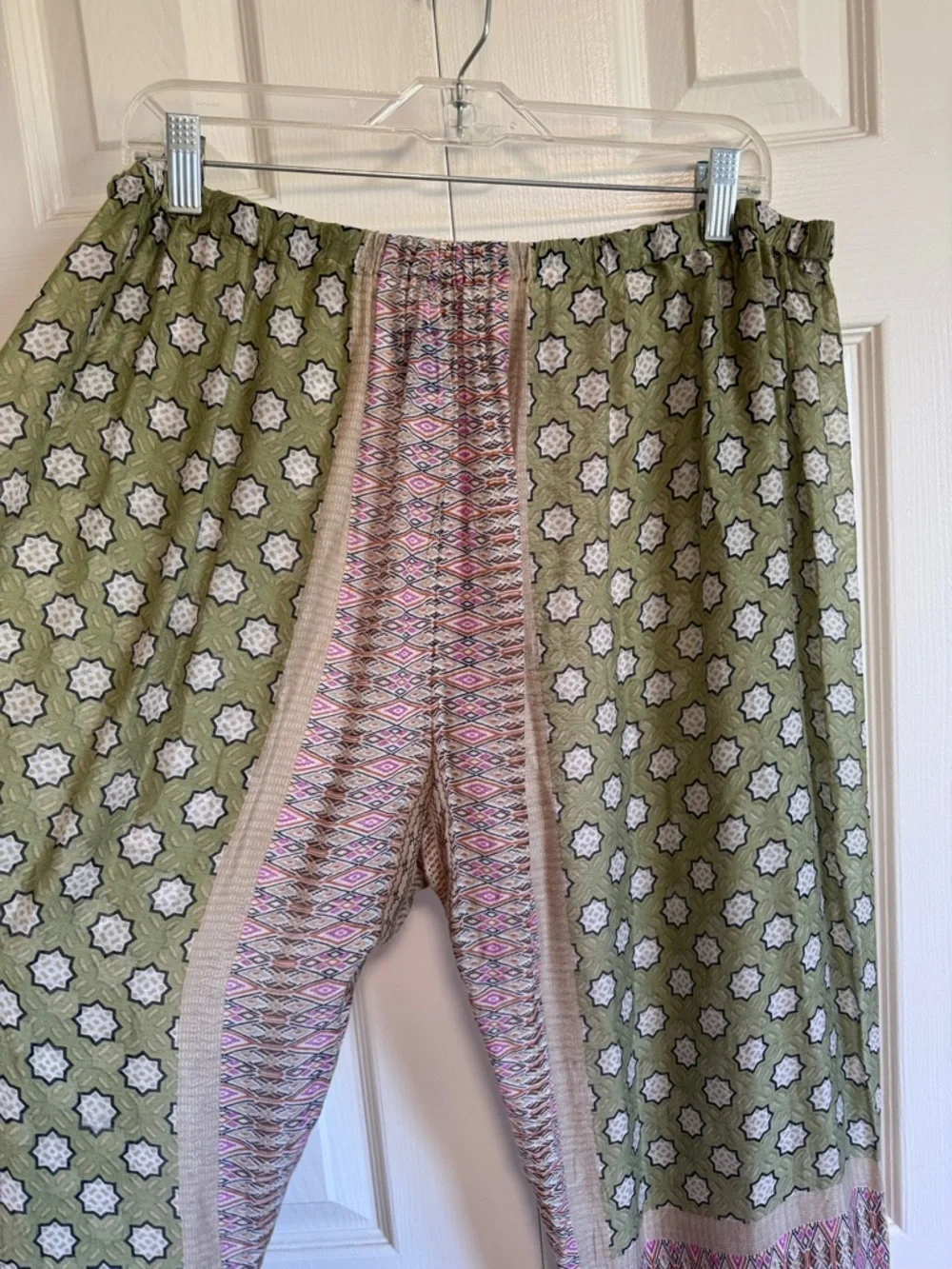 One Hundred Stars Boho Olive & Multi Print Wide-Leg 100% silk Pants. L - Picture 7 of 7